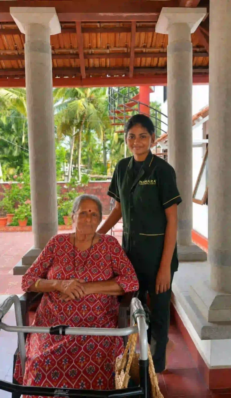 Mahara caregiver assisting elderly woman with walker