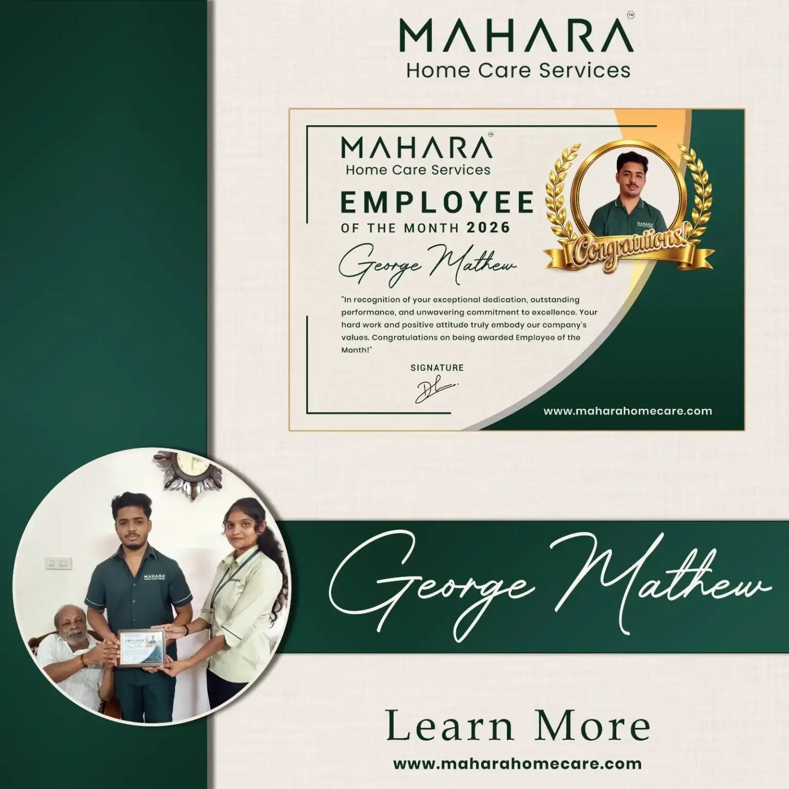George Mathew receiving the Employee of the Month 2026 award at Mahara Home Care