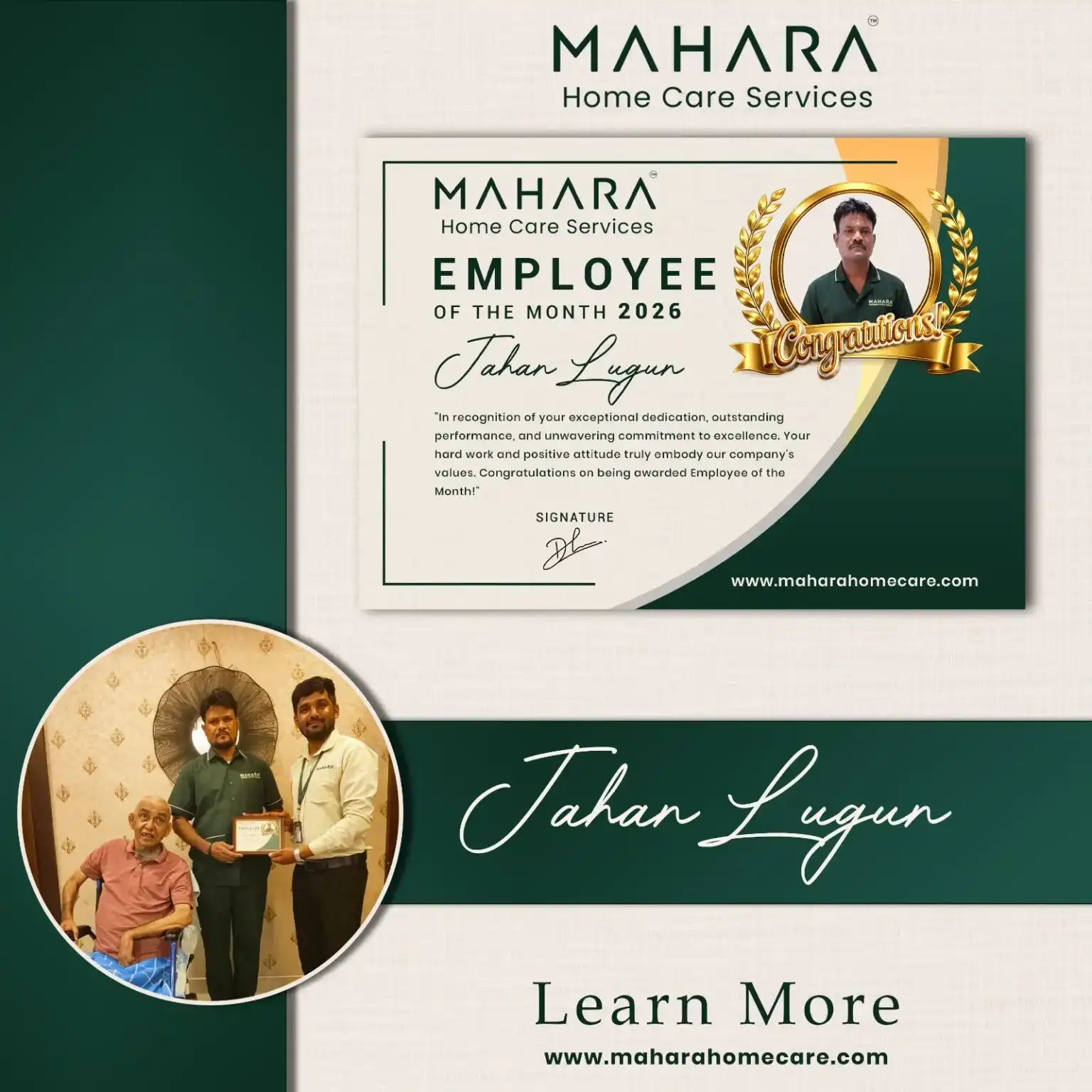 Jahan Lugun receiving the Employee of the Month 2026 award at Mahara Home Care