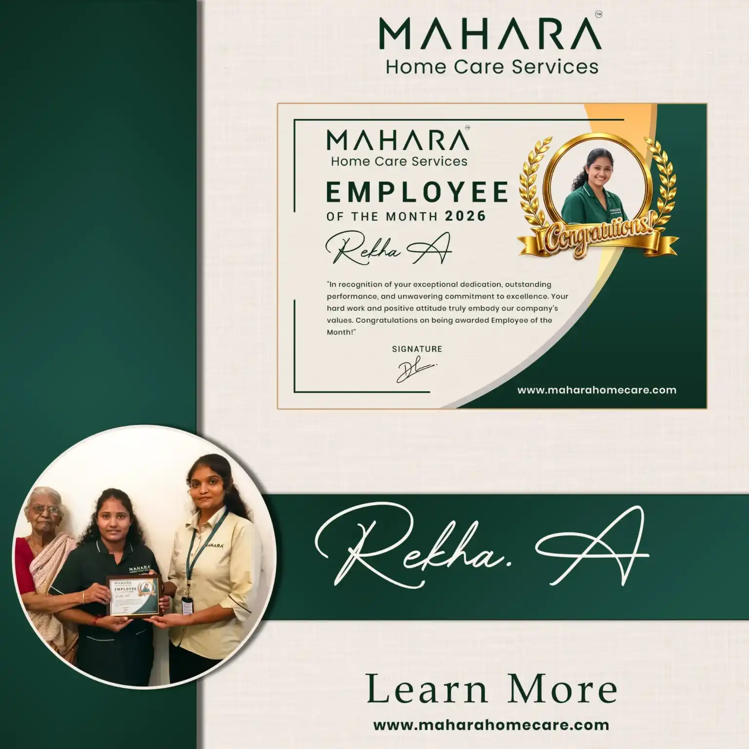 Rekha receiving the Employee of the Month 2026 award at Mahara Home Care