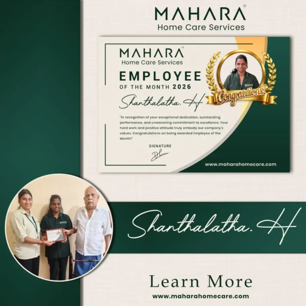 Shanthalatha receiving the Employee of the Month 2026 award at Mahara Home Care