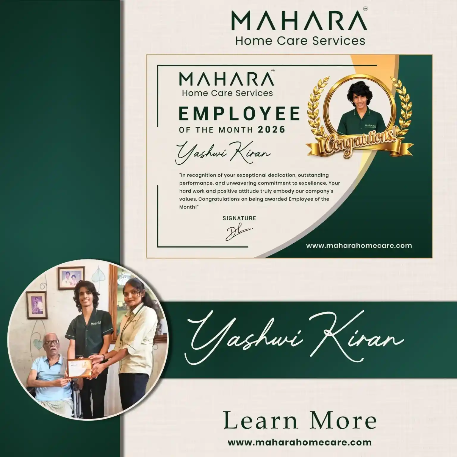 Yashvi Kiran receiving the Employee of the Month 2026 award at Mahara Home Care